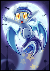 Size: 2161x3060 | Tagged: safe, artist:centchi, oc, oc only, oc:star struck, bat pony, pony, backlighting, bat pony oc, fangs, flying, moon, solo