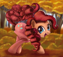 Size: 894x819 | Tagged: safe, artist:ailatf, pinkie pie, earth pony, pony, autumn, cute, detailed, diapinkes, female, happy, looking at you, mare, open mouth, raised leg, smiling, solo, underhoof