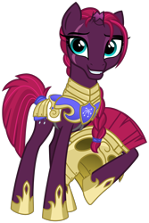 Size: 2000x3000 | Tagged: safe, alternate version, artist:cheezedoodle96, fizzlepop berrytwist, tempest shadow, pony, unicorn, my little pony: the movie, .svg available, alternate hairstyle, armor, braid, broken horn, eye scar, female, grin, headcanon, helmet, hoof hold, looking at you, mare, raised hoof, reformed, royal guard, royal guard armor, scar, show accurate, simple background, smiling, solo, svg, tail wrap, tempest becomes a royal guard, transparent background, vector