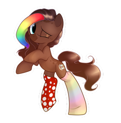 Size: 888x899 | Tagged: safe, artist:typicalup, oc, oc only, oc:artistyx, pony, clothes, female, mare, rainbow socks, socks, solo, striped socks, wink