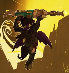 Size: 872x917 | Tagged: safe, artist:atryl, oc, oc only, oc:mir, anthro, pegasus, unguligrade anthro, fallout equestria, blood, clothes, cut, fallout, female, gun, injured, recharger rifle, solo, vest, weapon