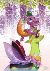 Size: 600x851 | Tagged: safe, artist:jannel300, spike, thorax, changedling, changeling, dragon, baby, baby dragon, changeling king, cute, dappled sunlight, duo, flower, flower necklace, friendship, horn, king thorax, leaves, male, preview, signature, simple background, sitting on person, smiling, spikabetes, spread wings, sweet dreams fuel, tale of genji, thorabetes, wings, wisteria