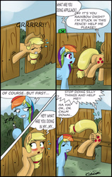 Size: 1920x3031 | Tagged: safe, artist:ciriliko, applejack, rainbow dash, earth pony, pegasus, pony, blushing, body writing, butt, buttface, buttstuck, comic, creeper, drawing, fence, minecraft, plot, prank, silly, silly pony, stuck, the ass was fat, who's a silly pony, zas