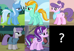 Size: 2202x1536 | Tagged: safe, edit, edited screencap, screencap, lightning dust, maud pie, starlight glimmer, suri polomare, trixie, earth pony, pegasus, pony, unicorn, maud pie (episode), no second prances, rarity takes manehattan, the crystalling, wonderbolts academy, alternate mane six, cropped, female, mare, question mark, redeemer, reformed