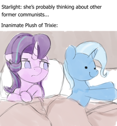 Size: 2594x2800 | Tagged: safe, artist:vanillaghosties, starlight glimmer, trixie, pony, unicorn, bed, colored sketch, female, lesbian, mare, meme, pillow, plushie, shipping, startrix