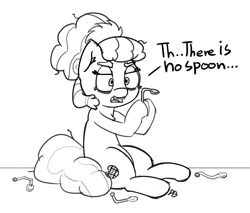 Size: 1280x1089 | Tagged: safe, artist:pabbley, plaid stripes, the saddle row review, 30 minute art challenge, dialogue, hoof hold, monochrome, movie reference, open mouth, sitting, sketch, solo, spoon, the matrix, there is no spoon