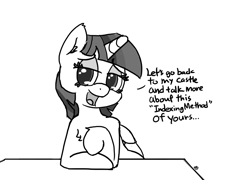 Size: 1280x923 | Tagged: safe, artist:pabbley, twilight sparkle, twilight sparkle (alicorn), alicorn, pony, 30 minute art challenge, dialogue, dirty talk, looking at you, monochrome, sitting, sketch, solo