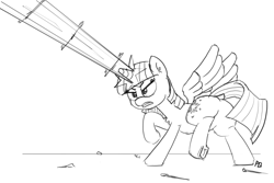 Size: 1280x853 | Tagged: safe, artist:pabbley, twilight sparkle, twilight sparkle (alicorn), alicorn, pony, 30 minute art challenge, dock, gritted teeth, magic, magic blast, monochrome, plot, sketch, solo, spread wings, underhoof