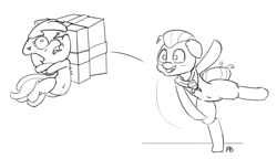 Size: 1280x736 | Tagged: safe, artist:pabbley, alula, granny smith, a hearth's warming tail, 30 minute art challenge, abuse, belly button, monochrome, present, sketch, throwing