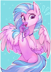 Size: 1774x2500 | Tagged: safe, artist:lispp, silverstream, classical hippogriff, hippogriff, school daze, abstract background, belly fluff, bipedal, blue background, cheek fluff, chest fluff, cute, diastreamies, ear fluff, exclamation point, female, fluffy, jewelry, leg fluff, lidded eyes, looking at you, necklace, open mouth, simple background, smiling, solo, sparkles, spread wings, wing fluff, wings