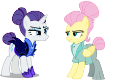 Size: 2012x1276 | Tagged: safe, artist:hendro107, artist:sonofaskywalker, fluttershy, rarity, pegasus, pony, unicorn, fake it 'til you make it, the cutie re-mark, .psd available, alternate hairstyle, alternate timeline, clothes, comparison, duo, female, hair bun, mare, night maid rarity, nightmare takeover timeline, severeshy, simple background, snooty, transparent background