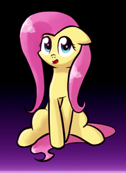 Size: 595x818 | Tagged: safe, artist:shovrike, fluttershy, pegasus, pony, crossed hooves, female, gradient background, looking at you, mare, open mouth, pink mane, pink tail, sitting, smiling, solo, yellow coat