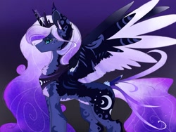 Size: 2048x1536 | Tagged: safe, artist:siripim111, derpibooru import, princess luna, alicorn, pony, alternate design, chest fluff, colored wings, crown, ear fluff, ethereal mane, female, gradient background, jewelry, long mane, mare, multicolored wings, pale belly, regalia, side view, solo, starry mane, wings