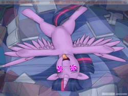 Size: 640x480 | Tagged: safe, artist:jcosneverexisted, twilight sparkle, twilight sparkle (alicorn), alicorn, pony, animated, armpits, bibliophile, book, bookgasm, dizzy, featureless crotch, high, open mouth, solo, spread wings, swirly eyes, that pony sure does love books, tongue out, underhoof, wat, xk-class end-of-the-world scenario