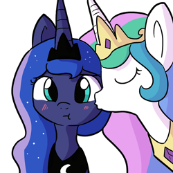 Size: 832x832 | Tagged: safe, artist:tjpones, princess celestia, princess luna, alicorn, pony, :t, blushing, cute, eyes closed, female, kiss on the cheek, kissing, mare, platonic kiss, simple background, sisterly love, sisters, white background