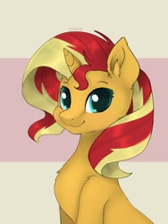 Size: 1536x2048 | Tagged: safe, artist:siripim111, derpibooru import, sunset shimmer, pony, unicorn, bust, chest fluff, cute, ear fluff, female, green eyes, looking at you, mare, shimmerbetes, simple background, sitting, smiling, smiling at you, solo