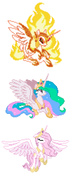 Size: 207x513 | Tagged: safe, artist:hexfloog, daybreaker, princess celestia, alicorn, pony, a royal problem, ethereal mane, female, mane of fire, mare, pink-mane celestia, pixel art, simple background, sprite, transparent background, young celestia, younger