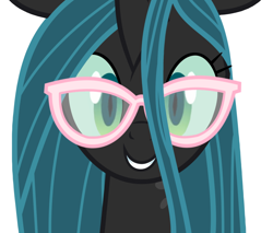 Size: 900x766 | Tagged: safe, edit, queen chrysalis, changeling, changeling queen, adorkable, bust, cute, cutealis, dork, dorkalis, female, glasses, grin, happy, implied fluffle puff, looking at you, mare, nerd, portrait, reformed, simple background, smiling, solo, vector, vector edit, white background