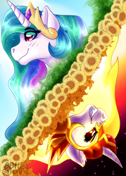 Size: 1800x2520 | Tagged: safe, artist:8bitgalaxy, derpibooru import, daybreaker, princess celestia, alicorn, pony, bust, crown, evil, female, grin, helmet, jewelry, mane of fire, mare, regalia, smiling, solo