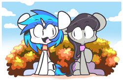 Size: 1334x869 | Tagged: safe, artist:sourspot, derpibooru import, dj pon-3, octavia melody, vinyl scratch, earth pony, pony, unicorn, autumn, chibi, clothes, duo, female, mare, scarf