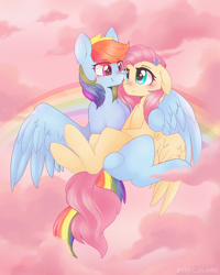 Size: 2000x2500 | Tagged: safe, artist:vert_glamis, derpibooru import, fluttershy, rainbow dash, butterfly, pegasus, pony, blushing, bridal carry, carrying, cloud, eye contact, female, flutterdash, lesbian, looking at each other, mare, pink cloud, rainbow, shipping, signature, sitting on lap, smiling, spread wings, wings