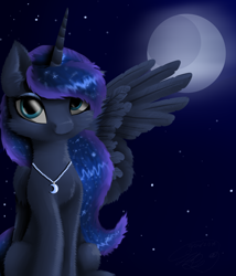 Size: 3000x3500 | Tagged: safe, artist:lunarmoonponi, princess luna, alicorn, pony, cute, feather, female, fluffy, jewelry, looking at you, mare, moon, necklace, night, solo, stars