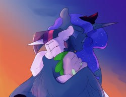 Size: 1980x1530 | Tagged: safe, artist:silfoe, princess luna, spike, twilight sparkle, twilight sparkle (alicorn), alicorn, dragon, pony, comforting, comforting twilight, crying, eyes closed, female, gradient background, hug, lesbian, male, mare, royal sketchbook, shipping, smiling, teary eyes, twiluna