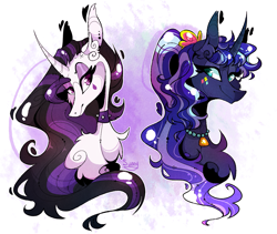 Size: 1183x1000 | Tagged: safe, artist:manella-art, derpibooru import, princess celestia, princess luna, alicorn, pony, between dark and dawn, 80s princess luna, bust, curved horn, duo, female, horn, mare, portrait, punklestia, royal sisters, siblings, sisters