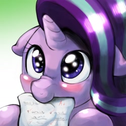 Size: 1536x1536 | Tagged: safe, artist:kurogewapony, starlight glimmer, pony, unicorn, a+, blushing, cute, female, floppy ears, glimmerbetes, hnnng, mare, mouth hold, nom, paper, smiling, solo