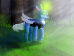 Size: 1600x1200 | Tagged: safe, artist:dragonicbladex, oc, changedling, changeling, blue, bright, changeling oc, forest, glowing horn, green eyes, light, light rays, pond, rays, reformed, shadow, tree, water