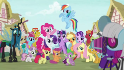 Size: 1280x720 | Tagged: artist needed, safe, edit, edited screencap, screencap, apple bloom, applejack, big macintosh, carrot cake, cup cake, fluttershy, granny smith, mayor mare, photo finish, pinkie pie, queen chrysalis, rainbow dash, rarity, scootaloo, snails, snips, spike, starlight glimmer, sweetie belle, twilight sparkle, twilight sparkle (alicorn), zecora, alicorn, changeling, changeling queen, dragon, earth pony, pegasus, pony, unicorn, zebra, season 7, adorkable, alternate ending, alternate scenario, alternate universe, camera, colt, cute, cutealis, dork, dorkalis, excited, faic, female, good end, grin, happy, intro, irrational exuberance, male, mare, one of these things is not like the others, opening, reformed, silly, silly pony, smiling, squee, stallion, theme song, what if, when she smiles