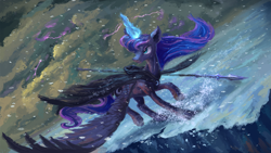 Size: 1919x1080 | Tagged: safe, artist:plainoasis, princess luna, alicorn, pony, cloak, clothes, magic, snow, solo, spear, spread wings, telekinesis, warrior luna, weapon, wings