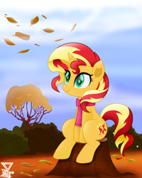 Size: 2900x3625 | Tagged: safe, artist:theretroart88, derpibooru import, sunset shimmer, pony, unicorn, autumn, bush, clothes, cute, female, high res, mare, scarf, scenery, shimmerbetes, sitting, smiling, solo, tree, tree stump, updated