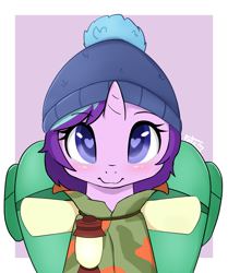 Size: 3755x4500 | Tagged: safe, artist:potzm, starlight glimmer, pony, unicorn, the mean 6, :3, abstract background, backpack, bag, beanie, blushing, camping outfit, cute, daaaaaaaaaaaw, female, glimmerbetes, hat, heart eyes, high res, lamp, lantern, looking at you, mare, parka, smiling, solo, weapons-grade cute, wingding eyes