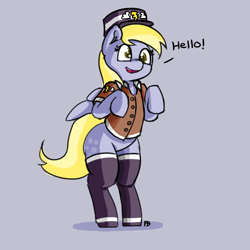 Size: 1280x1280 | Tagged: safe, artist:pabbley, derpy hooves, pony, 30 minute art challenge, bipedal, clothes, cute, derpabetes, dialogue, mailmare, simple background, socks, solo, thigh highs