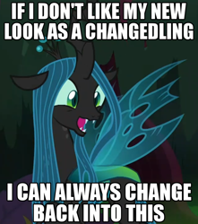 Size: 836x944 | Tagged: safe, edit, edited screencap, screencap, queen chrysalis, changedling, changeling, changeling queen, pony, the mean 6, adorkable, cropped, cute, cutealis, dork, dorkalis, excited, female, fridge brilliance, happy, image macro, meme, meta, mind blown, open mouth, pun, realization, reformed, shapeshifting, silly, silly pony, solo, sudden realization