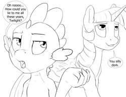 Size: 1980x1530 | Tagged: safe, artist:silfoe, spike, twilight sparkle, twilight sparkle (alicorn), alicorn, dragon, pony, ask, black and white, dialogue, eyeroll, female, grayscale, male, mare, monochrome, plot twist, royal sketchbook, sarcasm, simple background, speech bubble, tumblr, white background