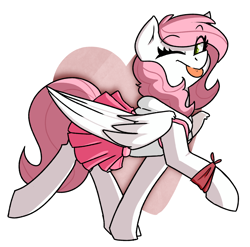 Size: 2602x2570 | Tagged: safe, artist:modularpon, derpibooru import, oc, oc only, oc:sugar morning, pegasus, pony, cape slice, clothes, cute, female, heart, hoodie, looking at you, mare, moe, ocbetes, one eye closed, pleated skirt, simple background, skirt, solo, tongue out, wink