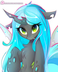 Size: 894x1118 | Tagged: safe, artist:koveliana, queen chrysalis, changeling, changeling queen, blushing, chest fluff, chromatic aberration, cute, cutealis, fangs, female, looking at you, simple background, solo, white background