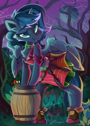 Size: 1280x1799 | Tagged: safe, artist:saxopi, derpibooru import, princess luna, alicorn, insect, pony, semi-anthro, barrel, choker, clothes, costume, female, halloween, halloween costume, holiday, mare, shoes, spider web, spiked choker