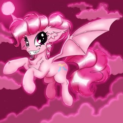 Size: 2500x2500 | Tagged: safe, artist:rurihal, derpibooru import, pinkie pie, bat pony, pony, bat ponified, flying, grin, looking at you, pinkiebat, race swap, smiling, solo