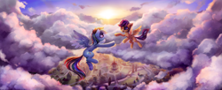 Size: 3000x1226 | Tagged: safe, artist:inowiseei, rainbow dash, scootaloo, pegasus, pony, cloud, commission, cute, female, filly, flying, looking at each other, mare, open mouth, ponyville, ponyville town hall, scenery, scenery porn, scootaloo can fly, smiling, spread wings, sun, town, wings