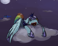 Size: 938x734 | Tagged: safe, artist:testostepone, nightmare moon, rainbow dash, alicorn, pegasus, pony, alternate timeline, armor, cloud, disapproval, female, helmet, mare, moon, night, night guard, night guard dash, nightmare takeover timeline, open mouth, sleeping, sleeping on the job, snoring, unamused