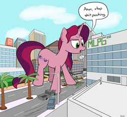 Size: 3000x2765 | Tagged: safe, artist:rapidstrike, oc, oc only, oc:gloomy, pony, building, car, destruction, giant pony, giantess, macro, mlpg, vulgar