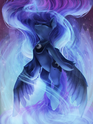 Size: 3000x4000 | Tagged: safe, artist:vanillaghosties, princess luna, alicorn, pony, semi-anthro, ascension, atg 2018, eyes closed, female, majestic, mare, newbie artist training grounds, solo, underhoof