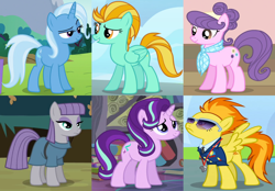 Size: 2202x1536 | Tagged: safe, edit, edited screencap, screencap, lightning dust, maud pie, spitfire, starlight glimmer, suri polomare, trixie, earth pony, pegasus, pony, unicorn, maud pie (episode), no second prances, rarity takes manehattan, the crystalling, wonderbolts academy, alternate mane six, clothes, collage, cropped, female, mare, reformed, uniform, wonderbolts dress uniform