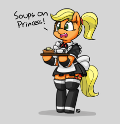 Size: 1280x1322 | Tagged: safe, artist:pabbley, applejack, earth pony, pony, 30 minute art challenge, bipedal, clothes, dialogue, maid, maidjack, open mouth, simple background, socks, solo, thigh highs