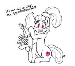 Size: 1280x1119 | Tagged: safe, artist:pabbley, boneless, plaid stripes, 30 minute art challenge, dialogue, lineart, monochrome, rubber chicken, solo, spoon, swiss army knife