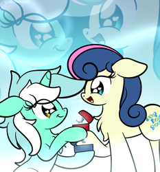 Size: 1860x1996 | Tagged: safe, artist:kimjoman, derpibooru import, bon bon, lyra heartstrings, sweetie drops, earth pony, pony, unicorn, the big mac question, chest fluff, engagement ring, female, heart eyes, lesbian, lyrabon, mare, marriage proposal, ring, shipping, wingding eyes, zoom layer