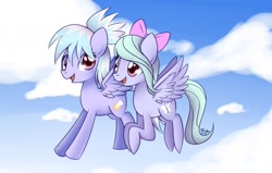 Size: 2040x1300 | Tagged: safe, artist:solar-slash, cloudchaser, flitter, pegasus, pony, bow, duo, duo female, female, flying